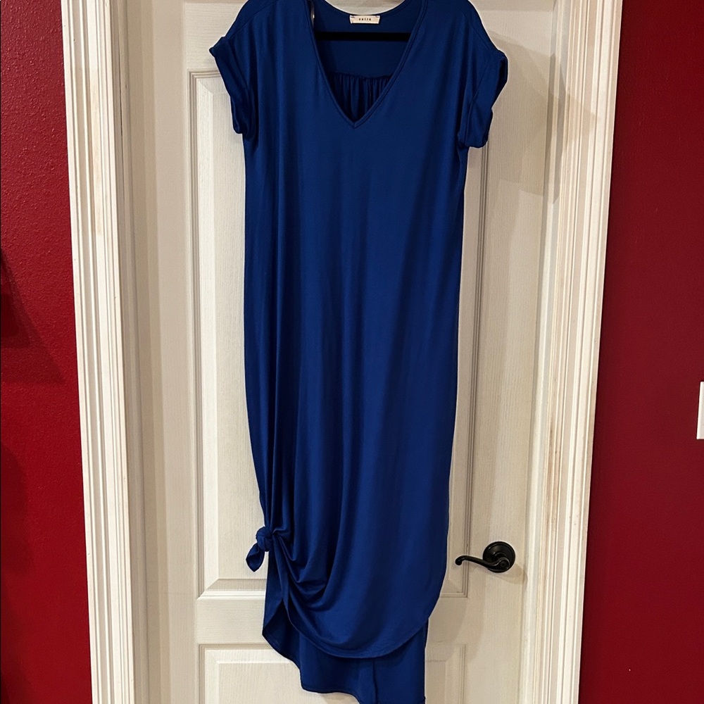 entro V-Neck Midi Dress in Royal Blue with Side Knot